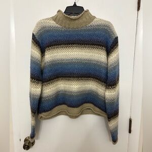 VINTAGE | Striped Rollneck Sweater Wool Blend Blue & Brown Stripe Knit | Size M